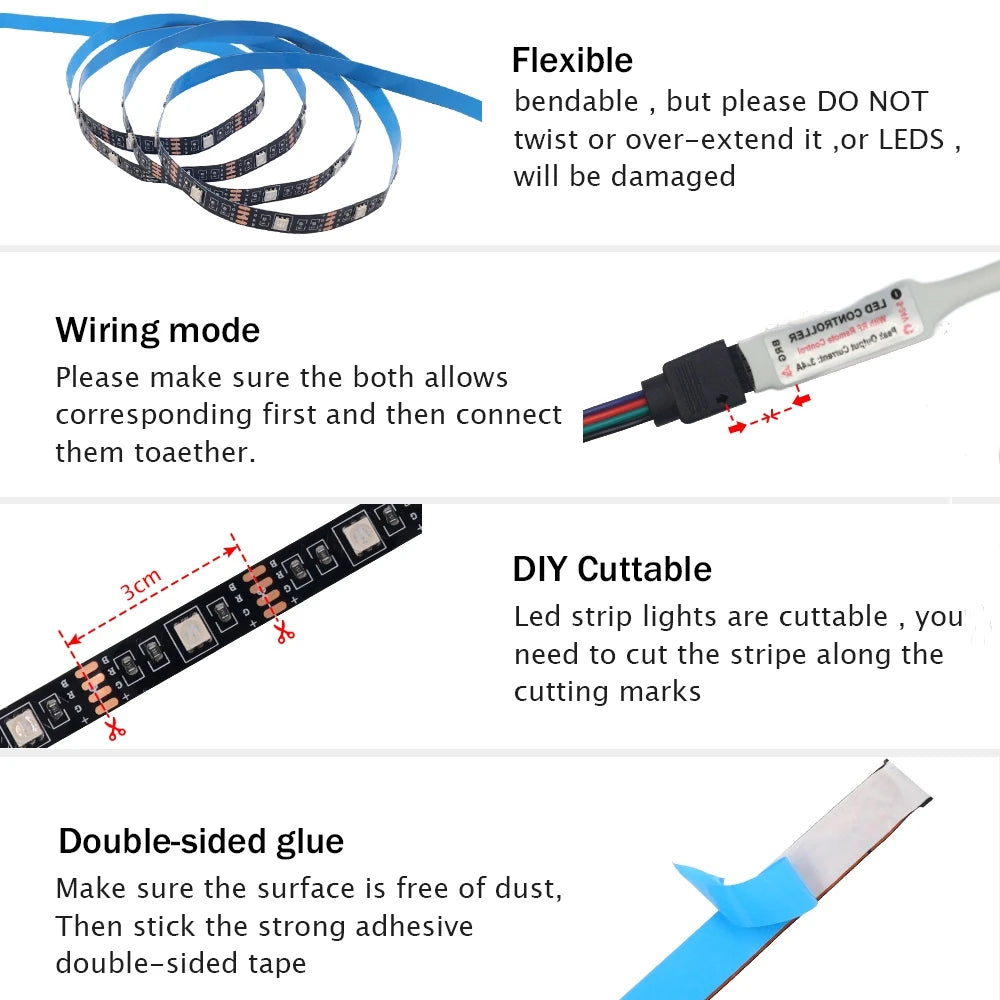 FanzyMarket 5V RGB LED strip light with remote, waterproof IP65, 4m length, USB or battery powered, for decor and smart lighting.