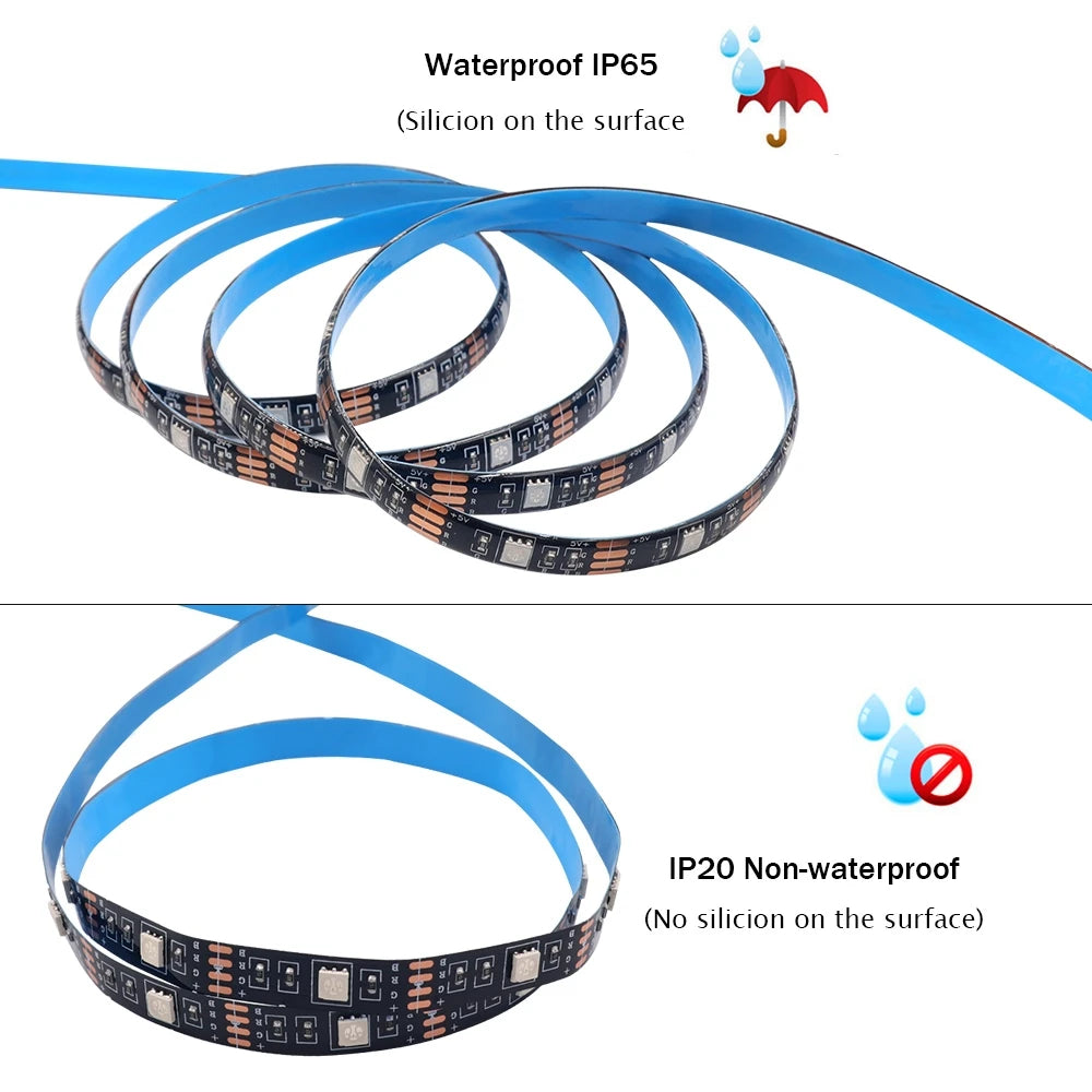 FanzyMarket 5V RGB LED strip light with remote control, waterproof IP65, 0.5-5m, battery or USB powered, suitable for decor lighting.
