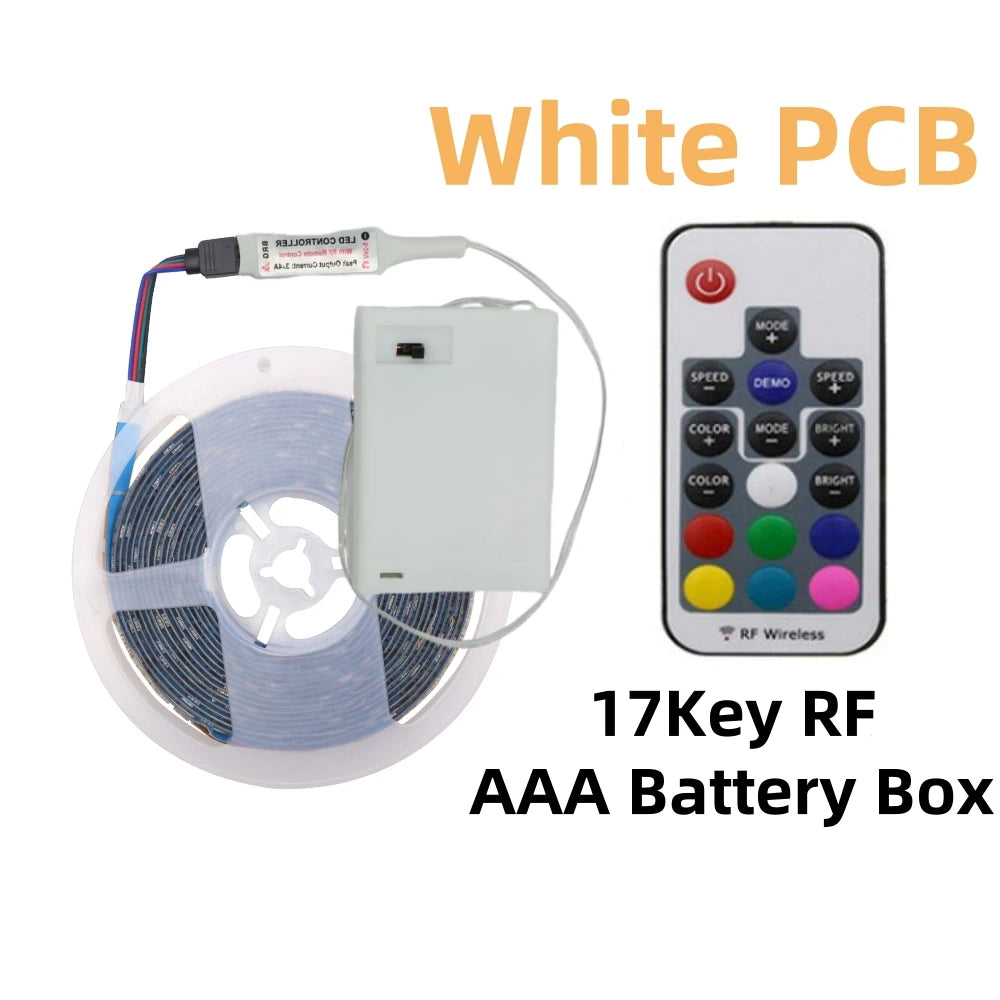 FanzyMarket 5V RGB LED strip light with remote, waterproof IP65, 0.5-5m, battery or USB powered, for decorative lighting.
