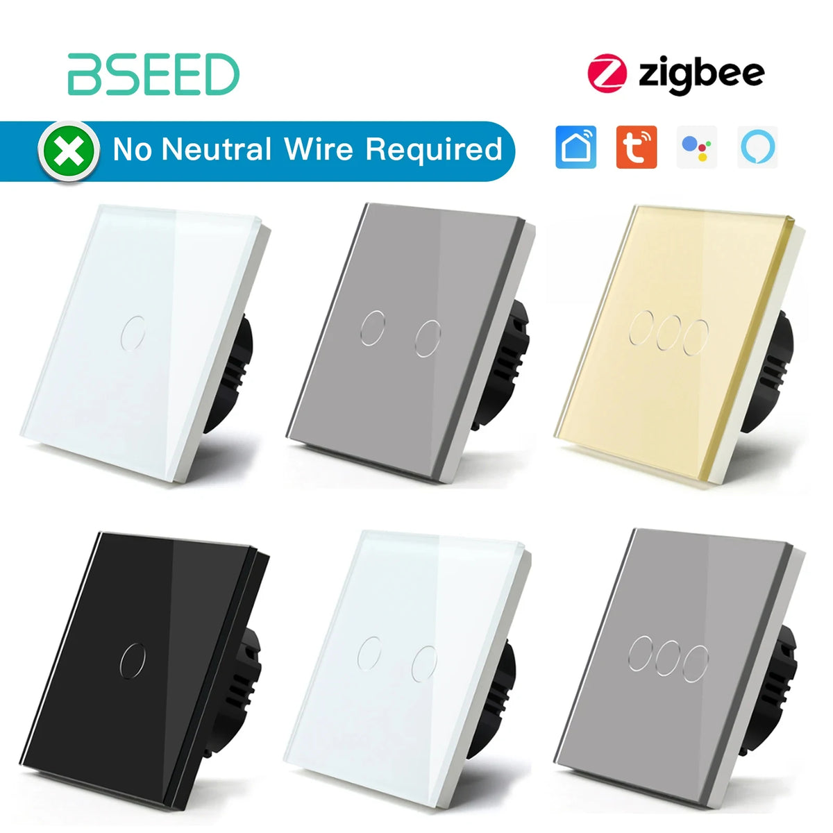 FanzyMarket smart Zigbee touch light switch, 2-gang black LED lighting control, compatible with Tuya, Smart Life, Google Home, and Alexa.