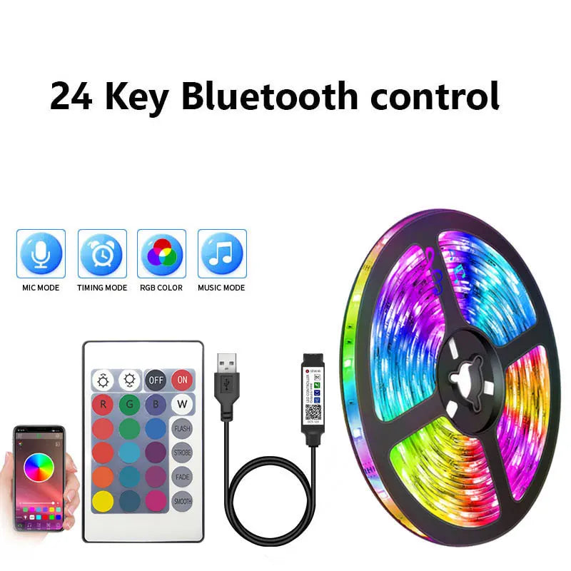 FanzyMarket 5050 RGB LED strip light with smart WiFi and Bluetooth, 5V USB powered, suitable for TV, bedroom, or kitchen decor.
