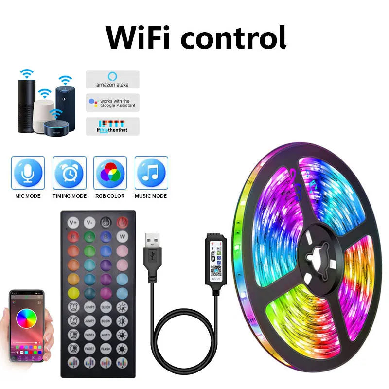 FanzyMarket 5050 RGB LED strip light, 5V USB smart WiFi & Bluetooth, 2-meter section for TV, bedroom, or kitchen decor.
