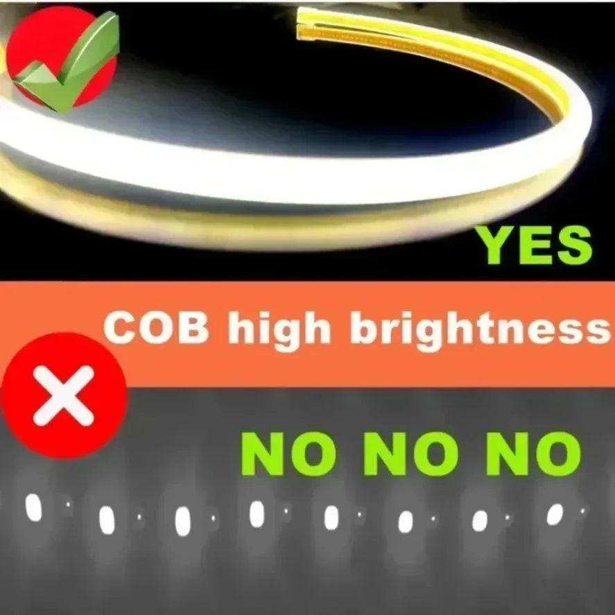 FanzyMarket 220V COB LED strip light with 288 LEDs/m, waterproof IP65, 1 meter warm, neutral, or cool white lighting for decor.