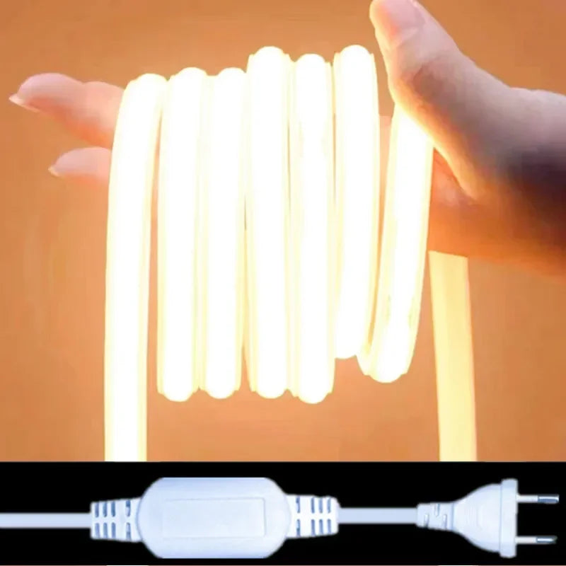 FanzyMarket 220V COB LED strip light with 288 LEDs/m, waterproof IP65, 1 meter warm, neutral, or cool white lighting.