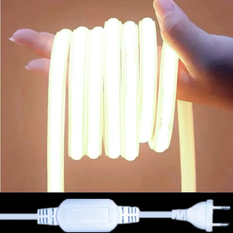 FanzyMarket 220V COB LED strip light with 288 LEDs/m, waterproof IP65, 1 meter, warm, neutral, and cool white lighting.