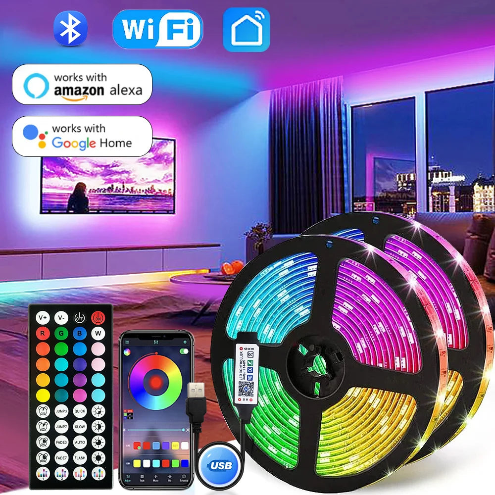 USB-powered 5050 SMD RGB LED strip light with Bluetooth and WiFi app control and remote for customizable color lighting