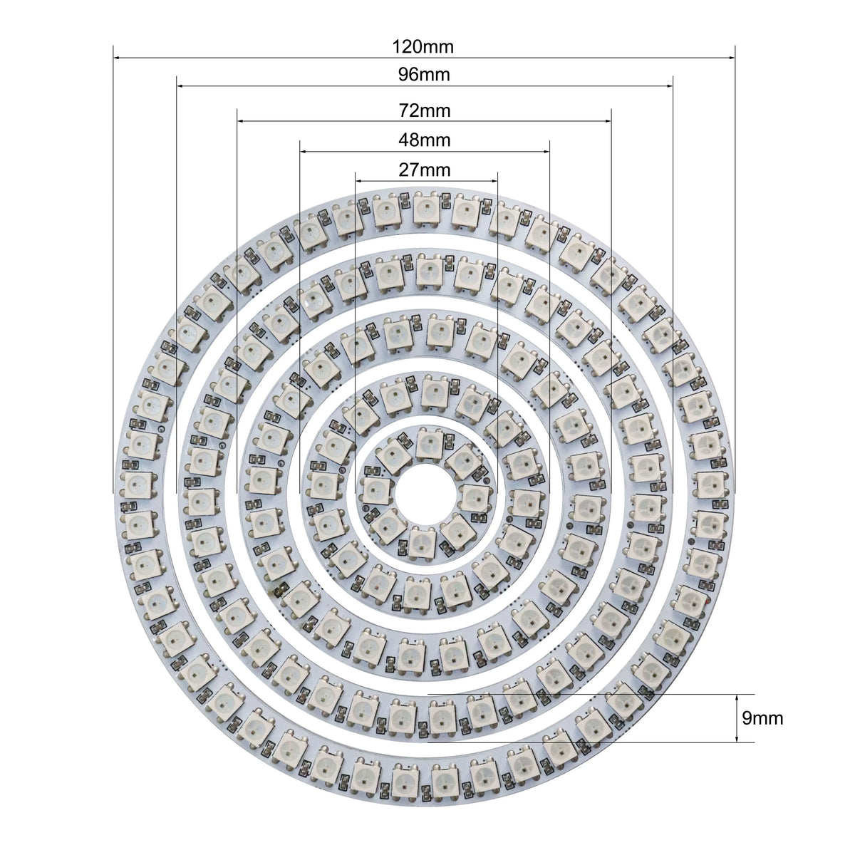 FanzyMarket WS2812B RGB LED Pixel Ring with 45 individually addressable LEDs, 5V DC, suitable for decorative lighting projects.