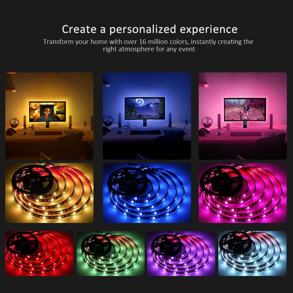 FanzyMarket Bluetooth RGB LED strip lights, 3m USB-powered smart lighting with 5050 SMD LEDs for TV backlight and room decor.
