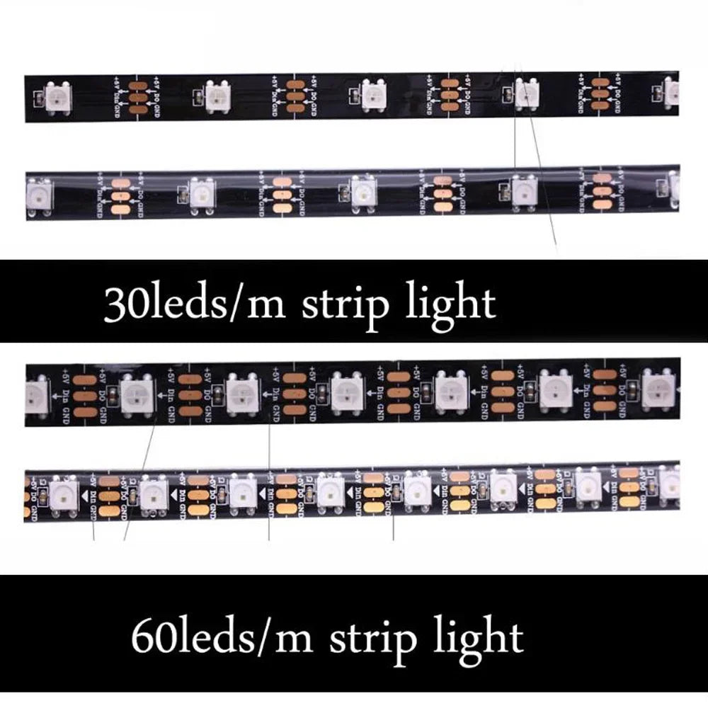 FanzyMarket addressable WS2812b 5V ARGB LED strip with 3-pin RGBIC for PC case lighting, 30-60 LEDs per meter, IP30/IP65.