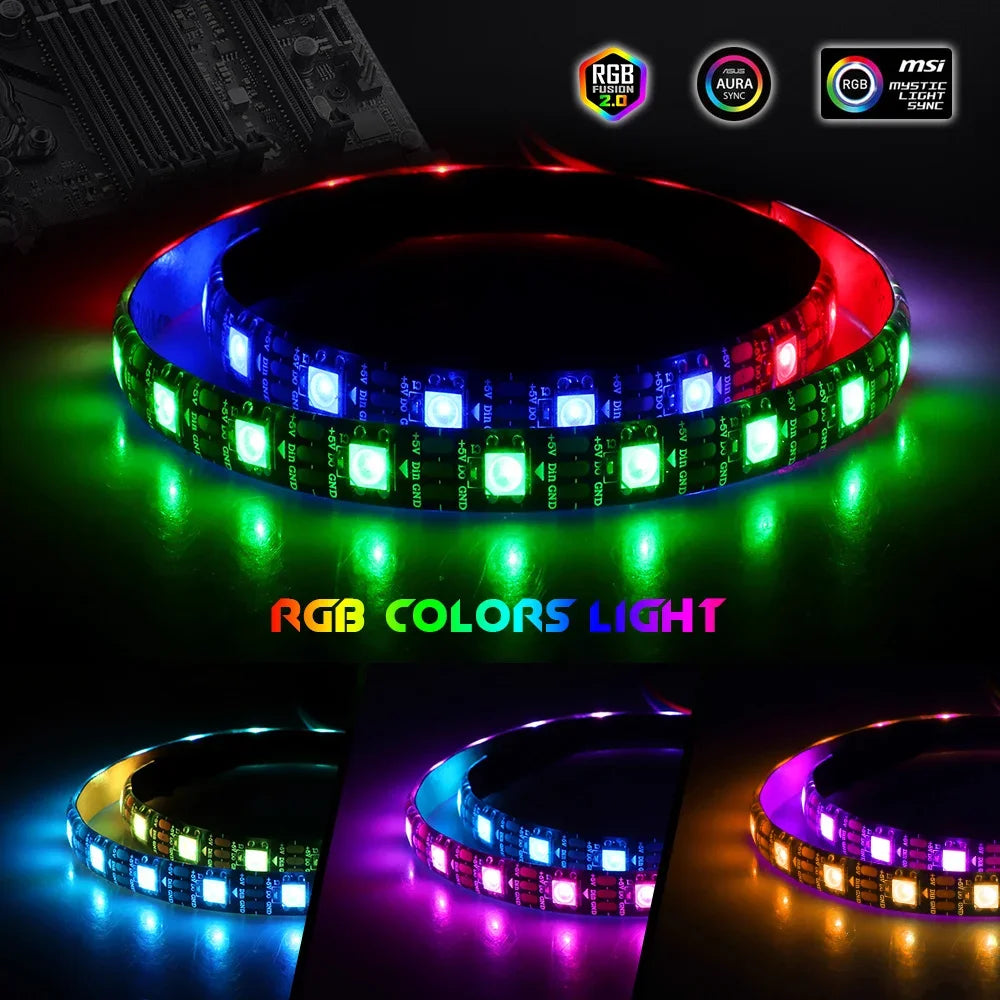 FanzyMarket addressable WS2812b 5V ARGB LED strip with 3-pin RGBIC, 60 LEDs per meter, suitable for PC case lighting, IP30/IP65.