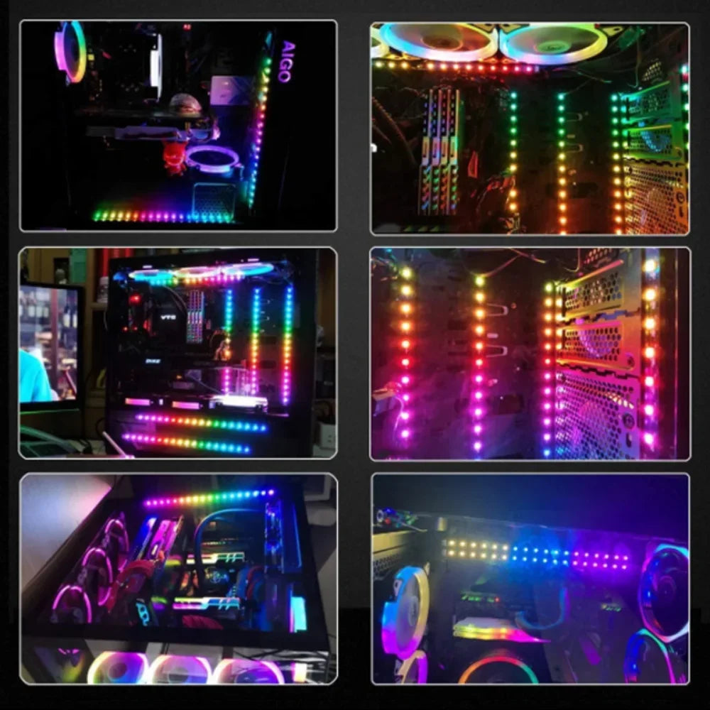 FanzyMarket addressable WS2812b 5V ARGB LED strip with 3-pin RGBIC for PC case lighting, 30/60 LEDs per meter, IP30/IP65 waterproof options.