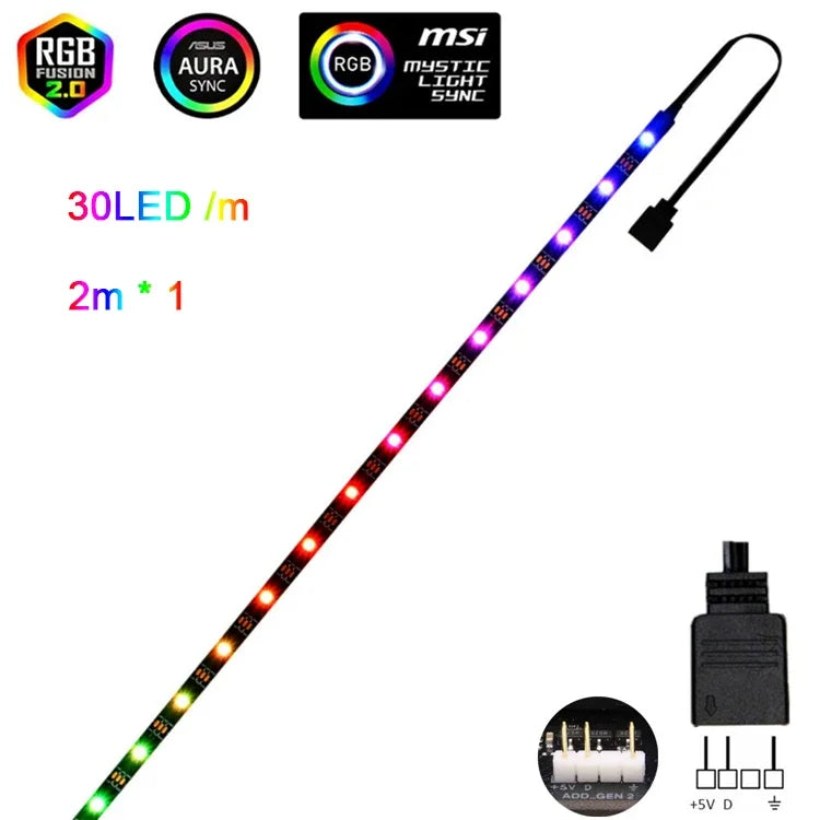 FanzyMarket addressable WS2812b 5V ARGB LED strip, 1m length with 60 LEDs, RGBIC lighting for PC case decor, non-waterproof.