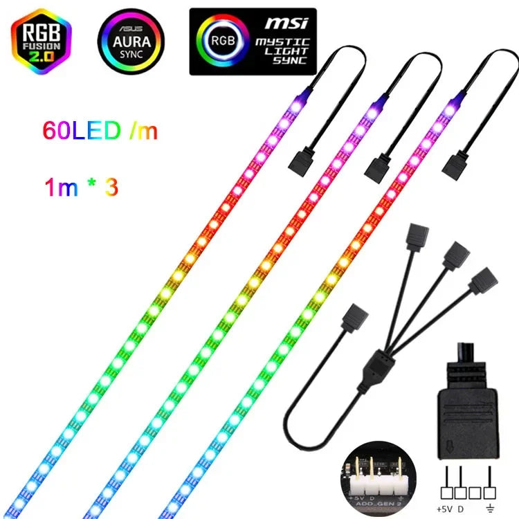 FanzyMarket addressable WS2812b 5V ARGB LED strip, 1m, 60 LEDs per meter, 3-pin RGBIC, ideal for PC case lighting.