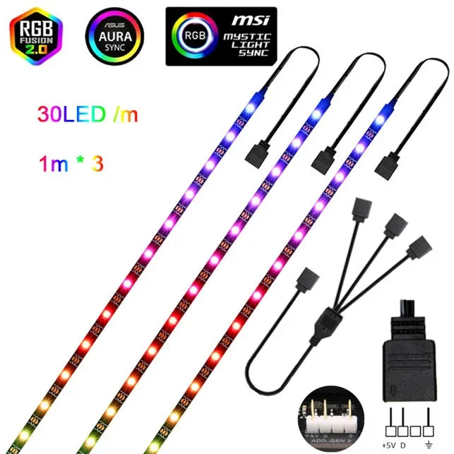 FanzyMarket addressable WS2812b 5V ARGB LED strip with 3-pin RGBIC for PC case lighting, 30-60 LEDs per meter, IP30/IP65.