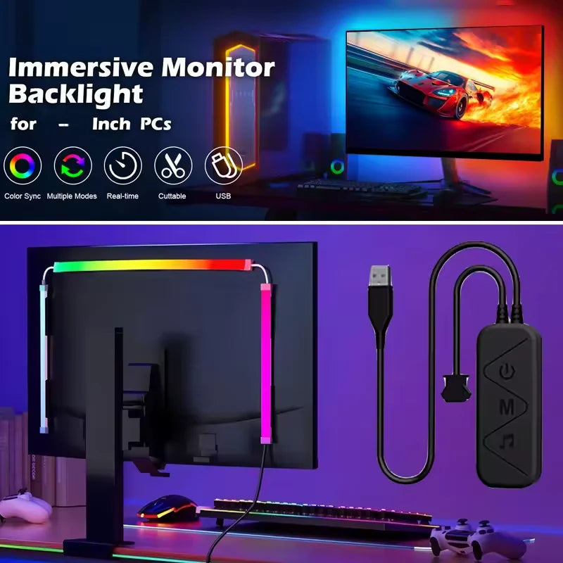FanzyMarket Ambilight RGB LED monitor backlight strip on 34-inch monitor, USB-powered, with screen sync and music reactive lighting.