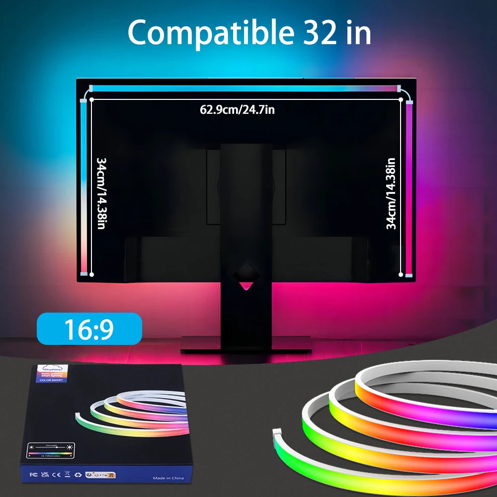 FanzyMarket RGB LED monitor backlight strip for 24-34 inch screens, waterproof, USB sync, ideal for gaming and ambient lighting.