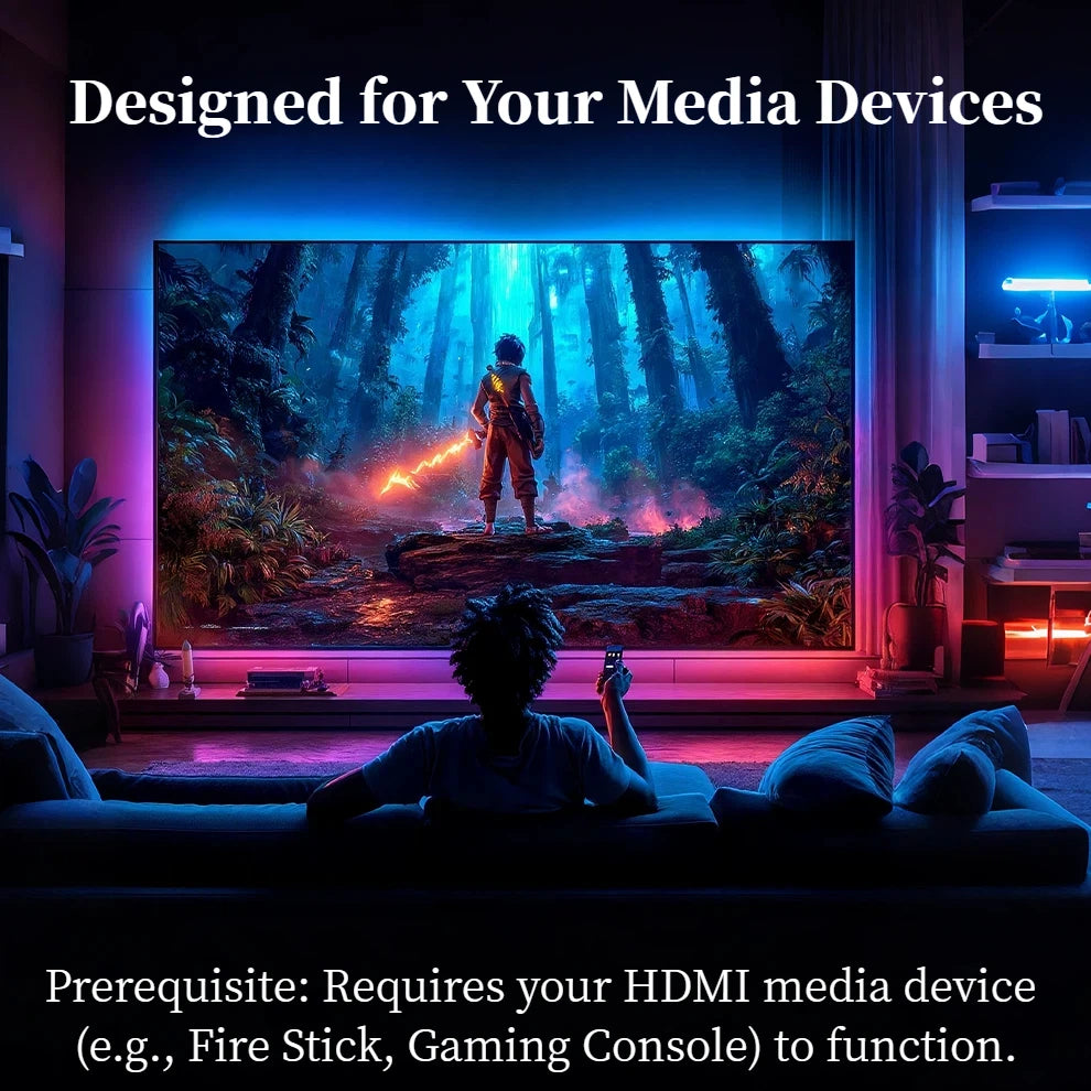 FanzyMarket HDMI Sync LED TV backlight strip installed on 55-65 inch TV, providing dynamic ambient lighting for streaming and gaming.
