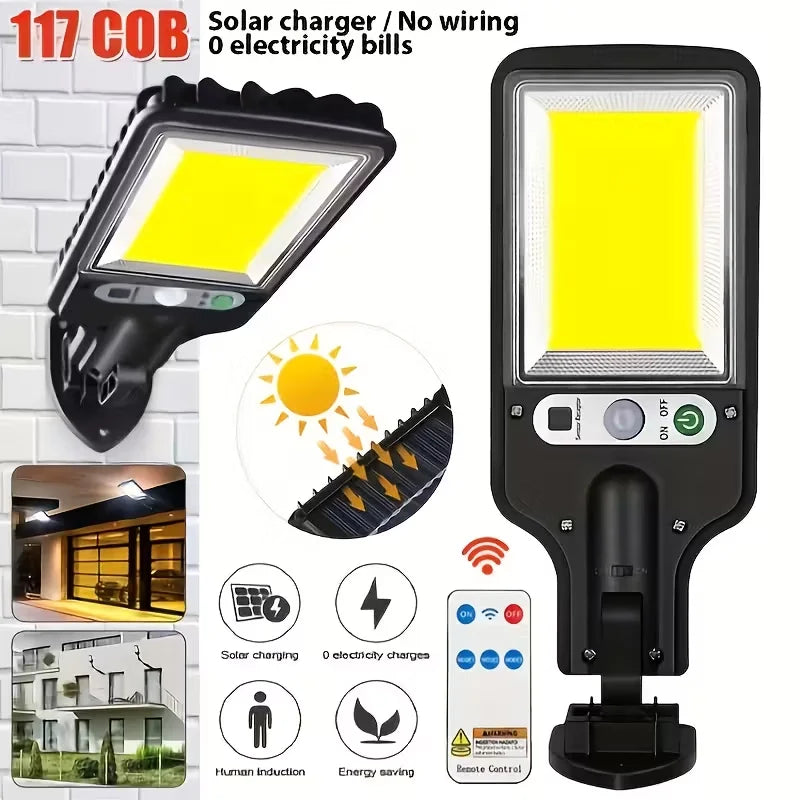 LED COB solar motion sensor wall light with remote control, IP65 waterproof design, and energy-saving features.