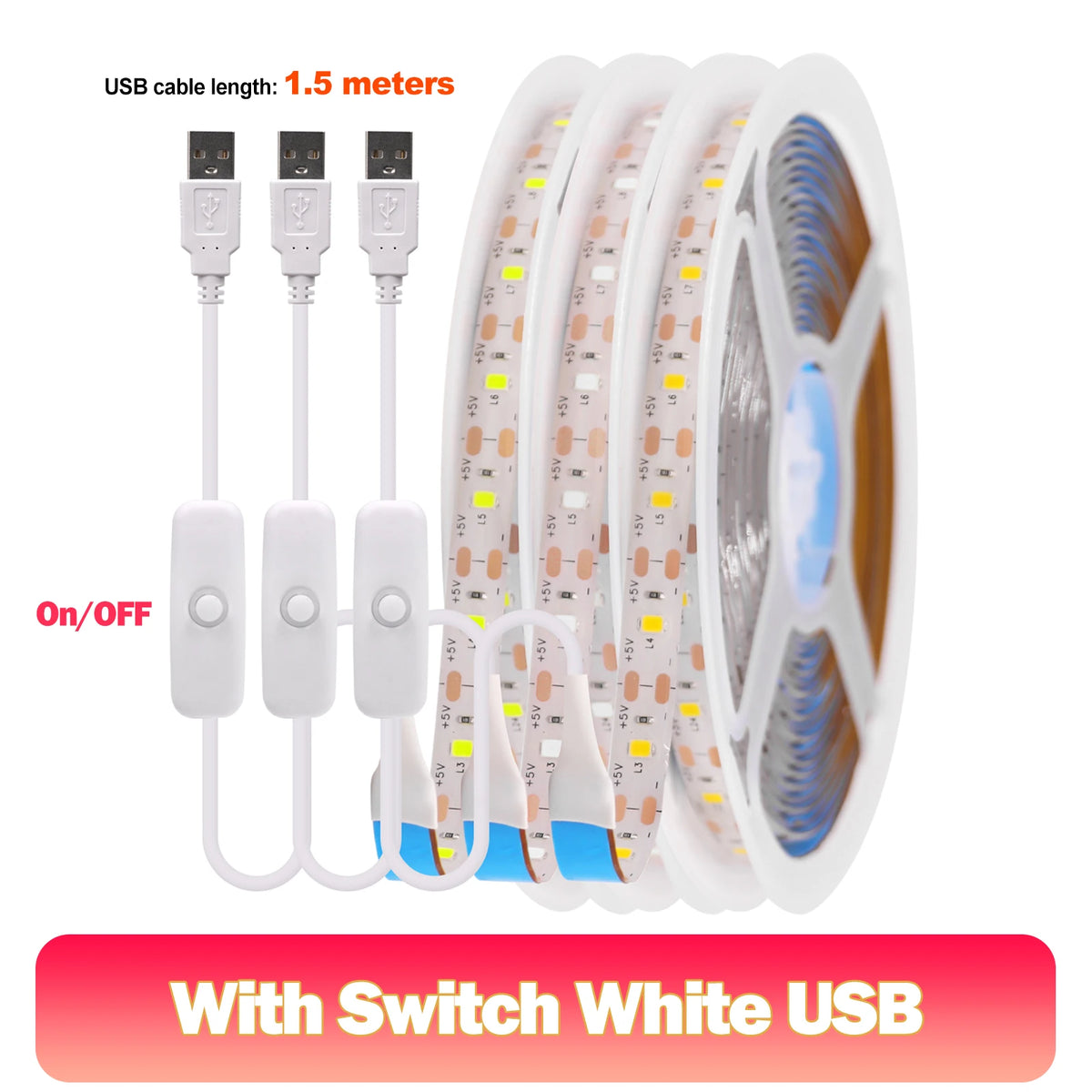 Blue 5V USB LED strip light by FanzyMarket, 2835 SMD, waterproof options, touch dimmer, available in 1m, 3m, and 5m lengths.