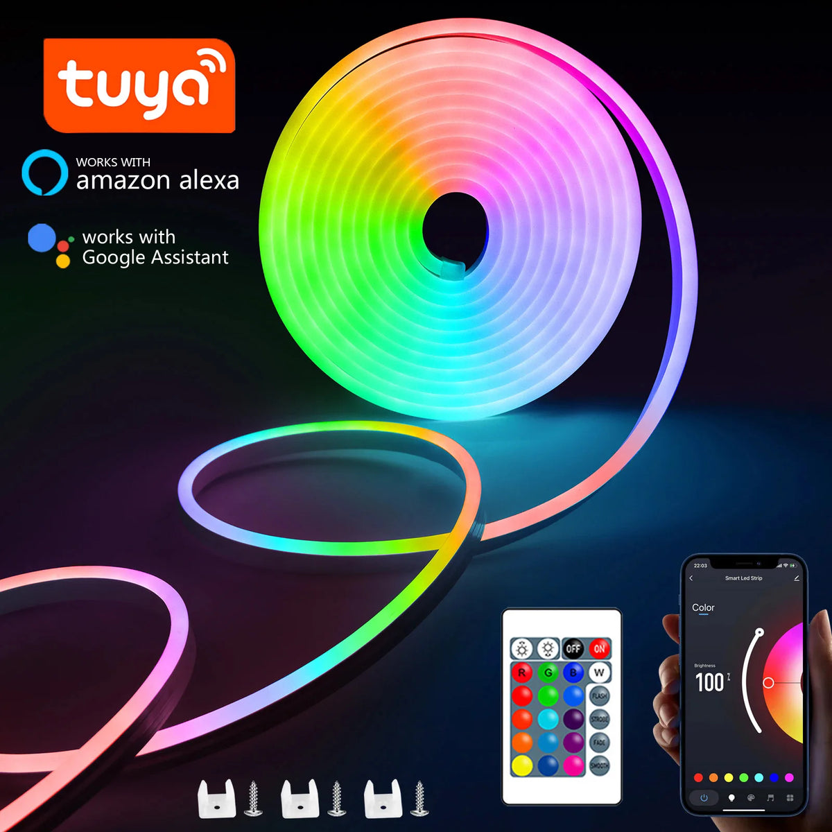 FanzyMarket RGBIC Neon LED strip light, waterproof 3m smart rope with app control, voice command, and music sync for vibrant decor.