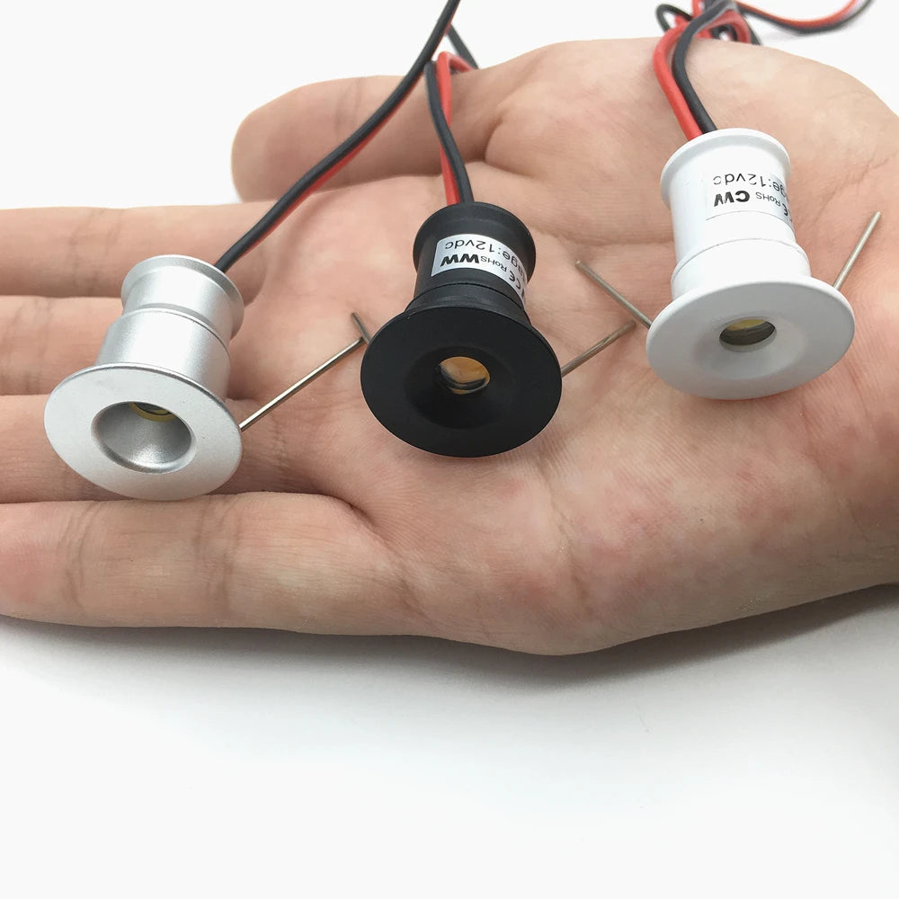 FanzyMarket 1W mini LED recessed spotlight with silver shell, 12V, dimmable, IP65, 15mm cutout, 30°/120° beam angles.