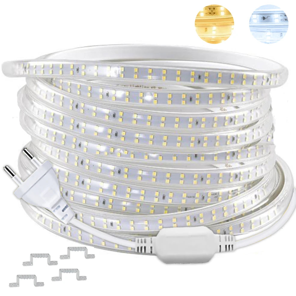 FanzyMarket 220V LED strip, 16m waterproof flexible white tape with EU plug, ideal for home, kitchen, outdoor, and garden lighting.