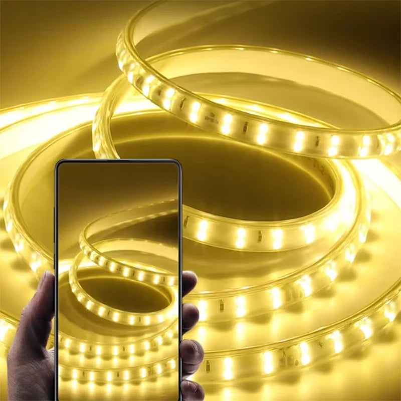 FanzyMarket 220V LED strip, 16m waterproof flexible white tape with EU plug, ideal for home, kitchen, outdoor, and garden lighting.