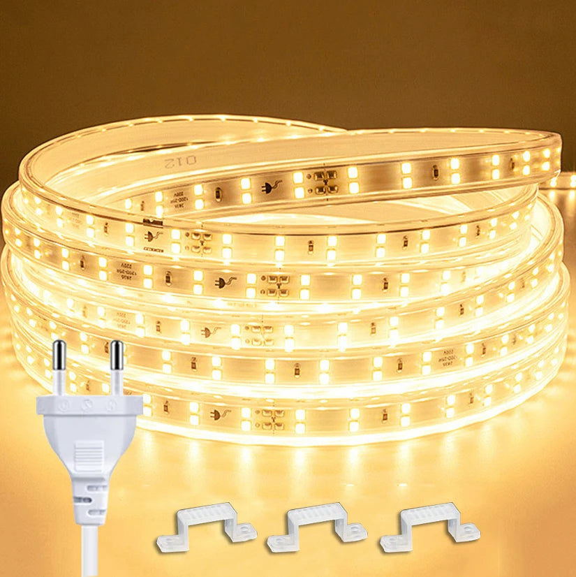 FanzyMarket 16m 220V waterproof LED strip with EU plug, flexible white LED tape for home, kitchen, outdoor, and garden lighting.
