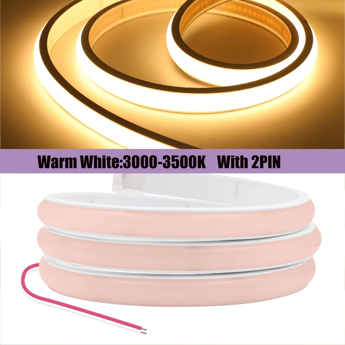 FanzyMarket COB Neon LED strip with 320 LEDs/m, waterproof flexible rope light, available in 3000K, 4000K, 6000K, 12V/24V, 20m length.