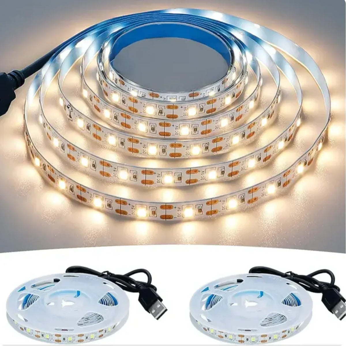FanzyMarket 5V USB LED strip light in warm and cool white, 4m length, suitable for TV backlighting and home decor.