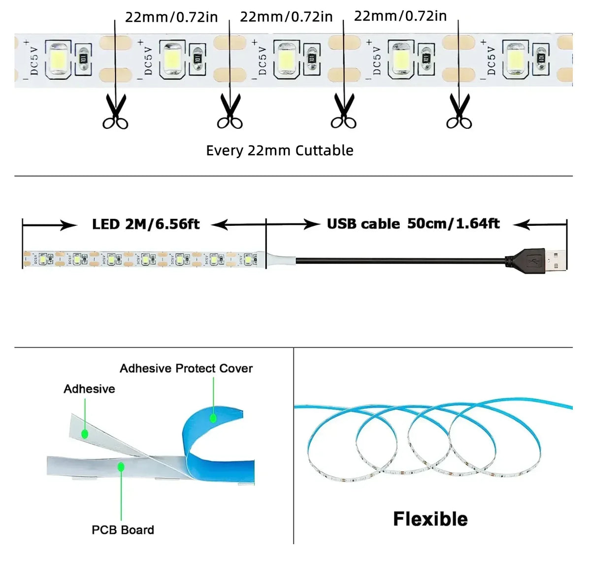 FanzyMarket 5V USB LED strip light with warm and cool white 2835 SMD LEDs, ideal for TV backlighting and home decor.