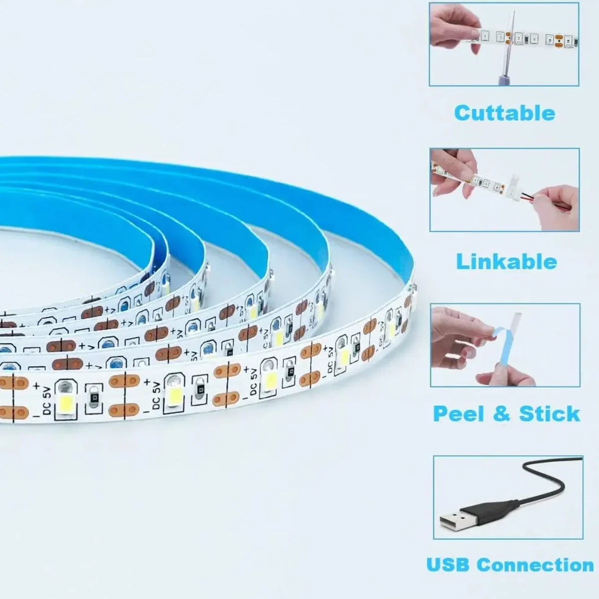 FanzyMarket 5V USB LED strip light in warm and cool white, 4 meters long, flexible TV backlight and home decor lighting.