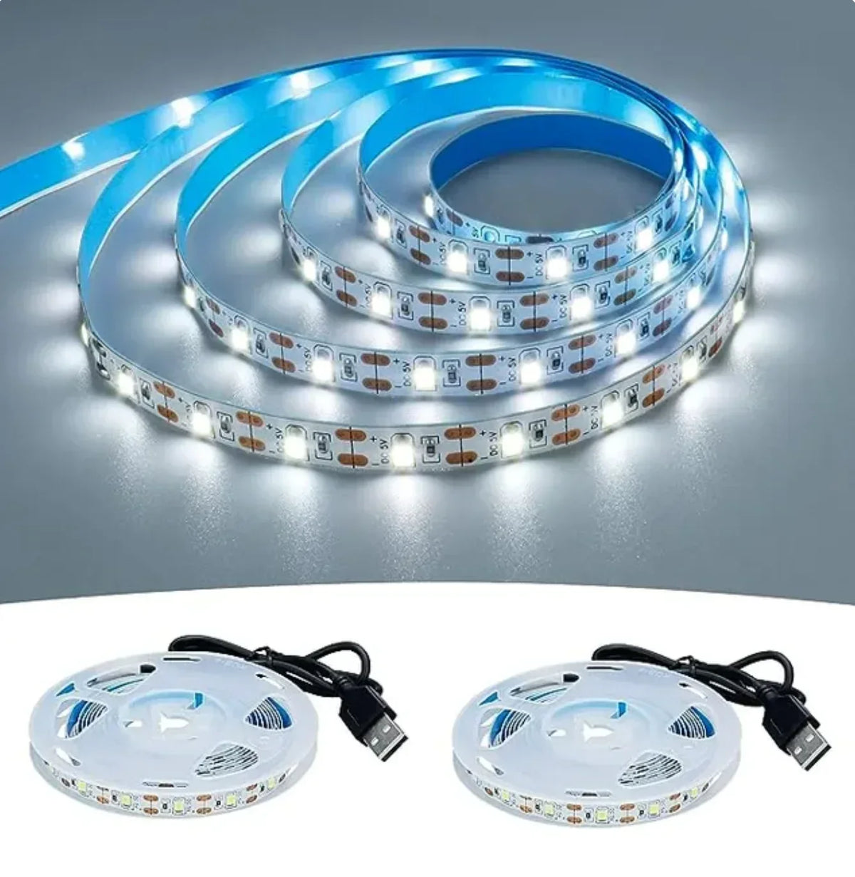 FanzyMarket 5V USB LED strip light in warm and cool white, 4 meters long, used for TV backlight and home decor lighting.