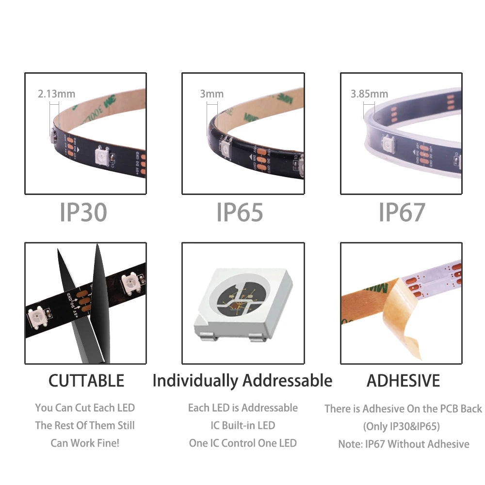 White PCB WS2812B 5V RGB LED strip, 1m waterproof smart pixel LED tape with individually addressable 5050 LEDs.