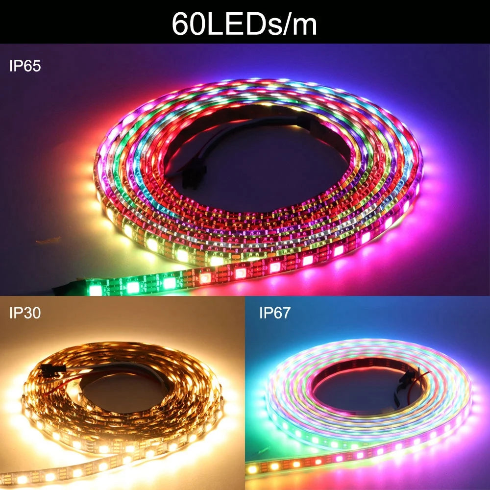 FanzyMarket WS2812B 5V RGB LED strip with waterproof black PCB, 1m smart pixel tape, ideal for decor and smart lighting.