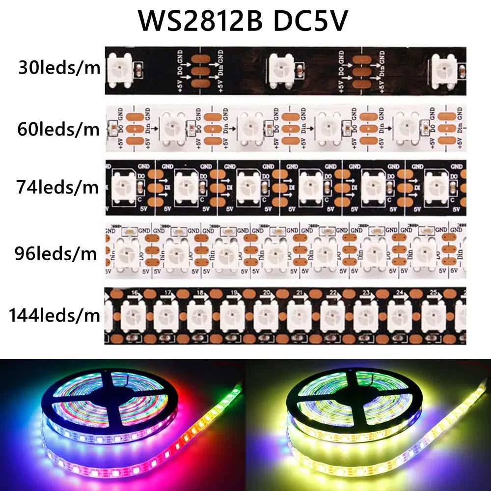 FanzyMarket 5V RGB LED strip light with 30 to 144 LEDs per meter, IP65 waterproof, 5050 SMD, flexible for decor and smart lighting.