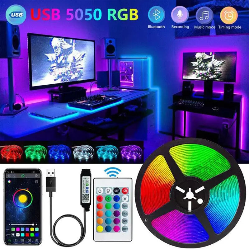 FanzyMarket Bluetooth RGB LED strip lights with remote control, flexible SMD5050 tape for TV backlighting and room decor.