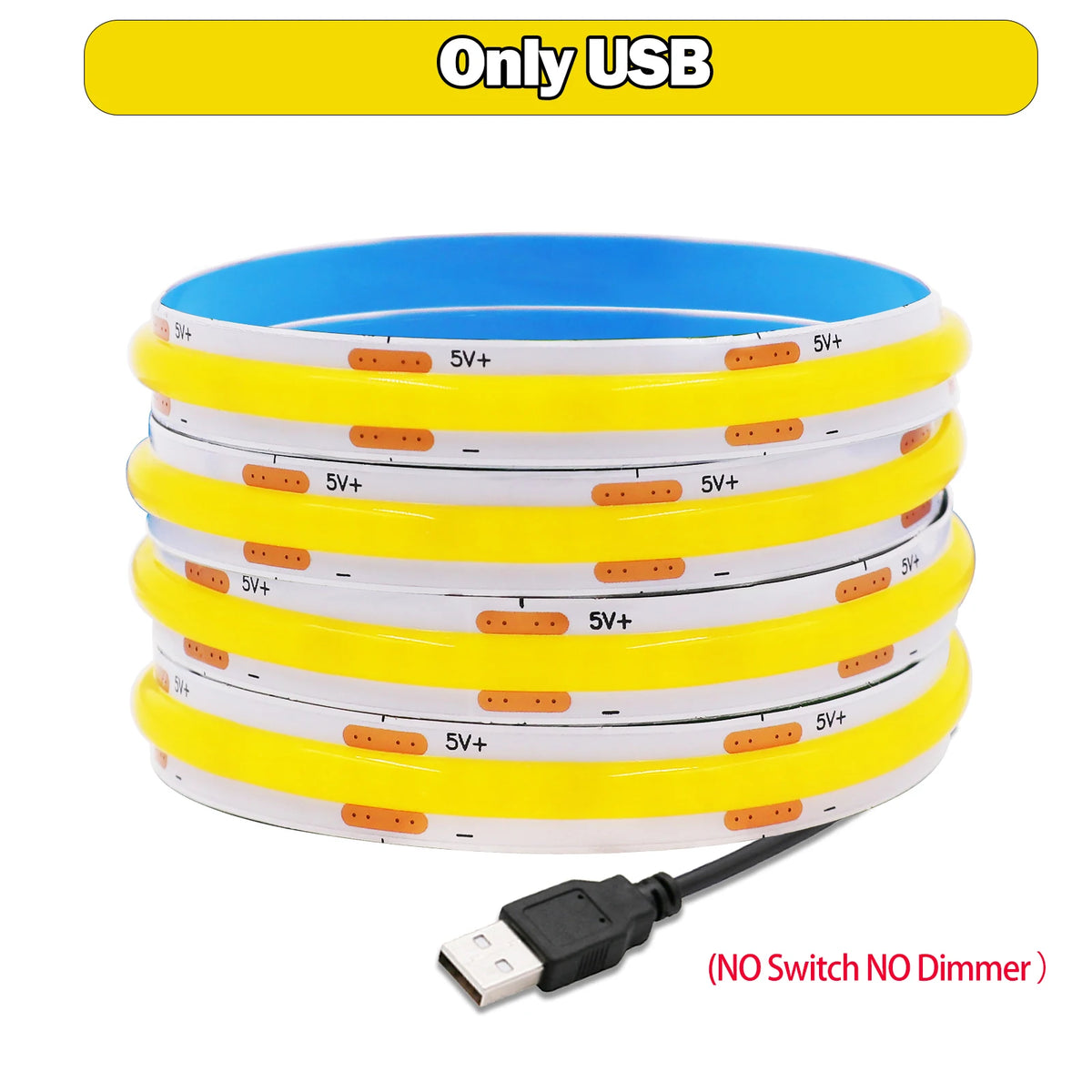 FanzyMarket 5V COB LED strip light with USB, dimmable touch sensor, flexible adhesive tape for TV backlighting and decor lighting.