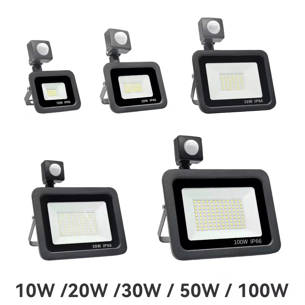 LED floodlight with PIR motion sensor, outdoor waterproof design, available in multiple wattage options, IP66 rated.