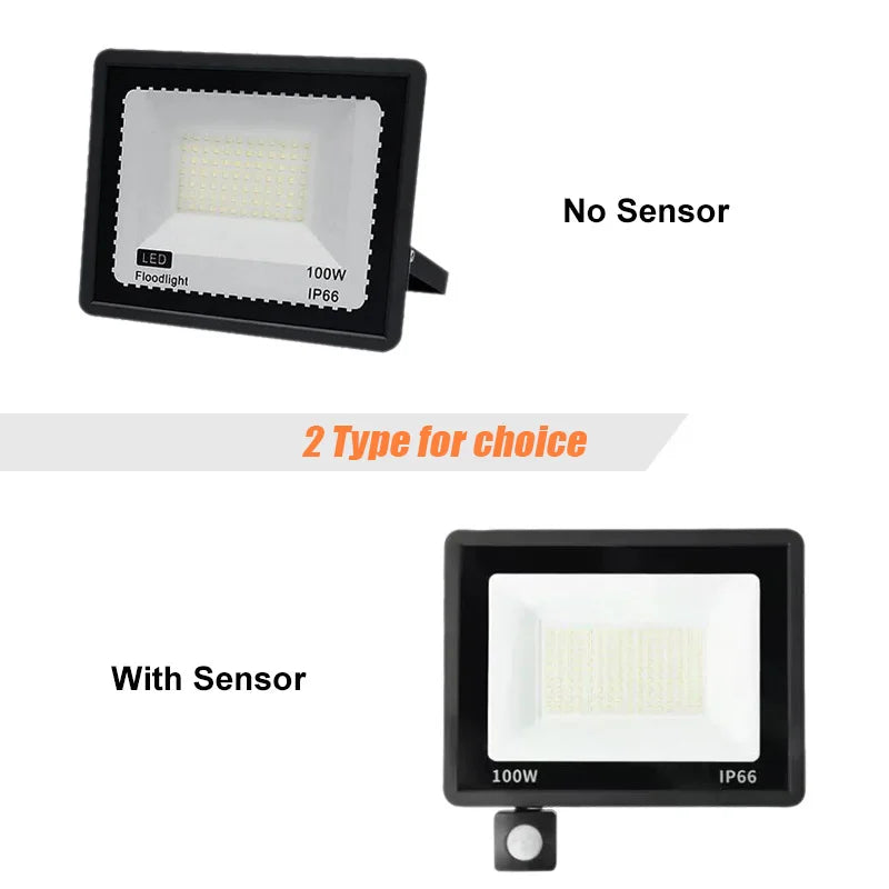FanzyMarket LED floodlight with PIR motion sensor, waterproof outdoor spotlight in 10W-100W, IP66 weatherproof lighting fixture.