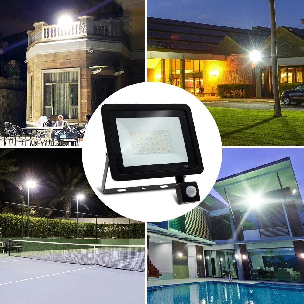 Outdoor waterproof LED floodlight with PIR motion sensor, available in 10W to 100W, ideal for outdoor lighting, FanzyMarket.