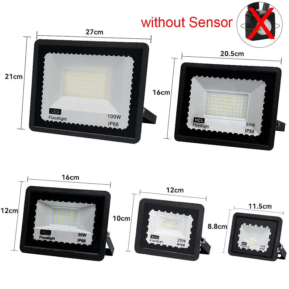 FanzyMarket LED floodlight with PIR motion sensor, waterproof outdoor spotlight in black, available in 10W to 100W, IP66 rated.