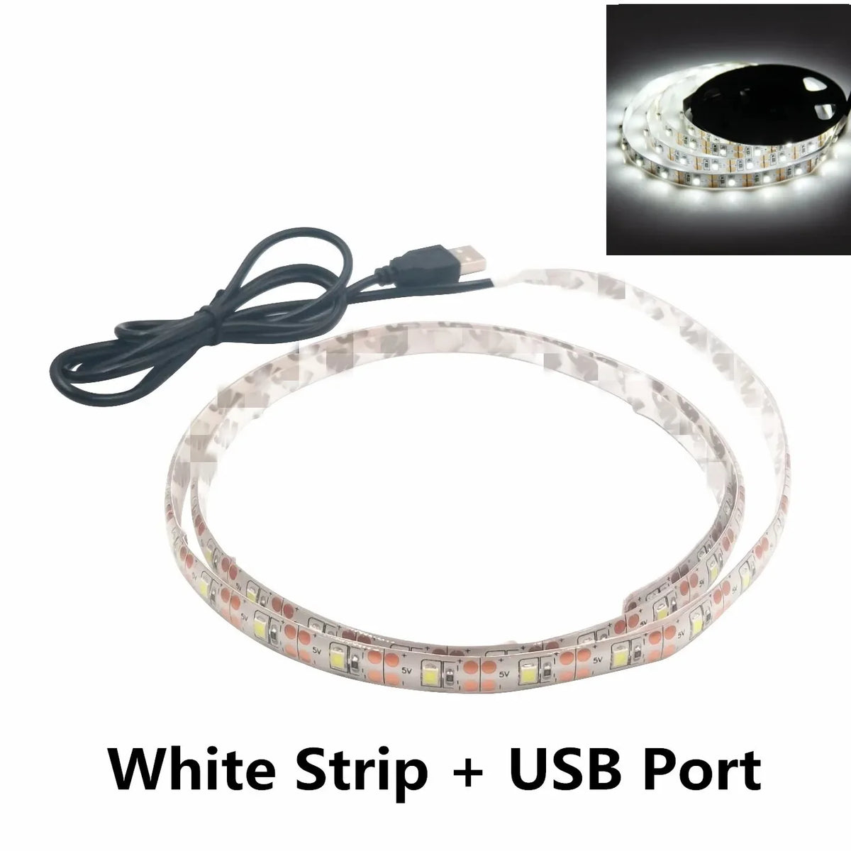 FanzyMarket 5V USB LED strip light showing warm and cool white colors, waterproof flexible tape for TV backlighting, 3 meters long.