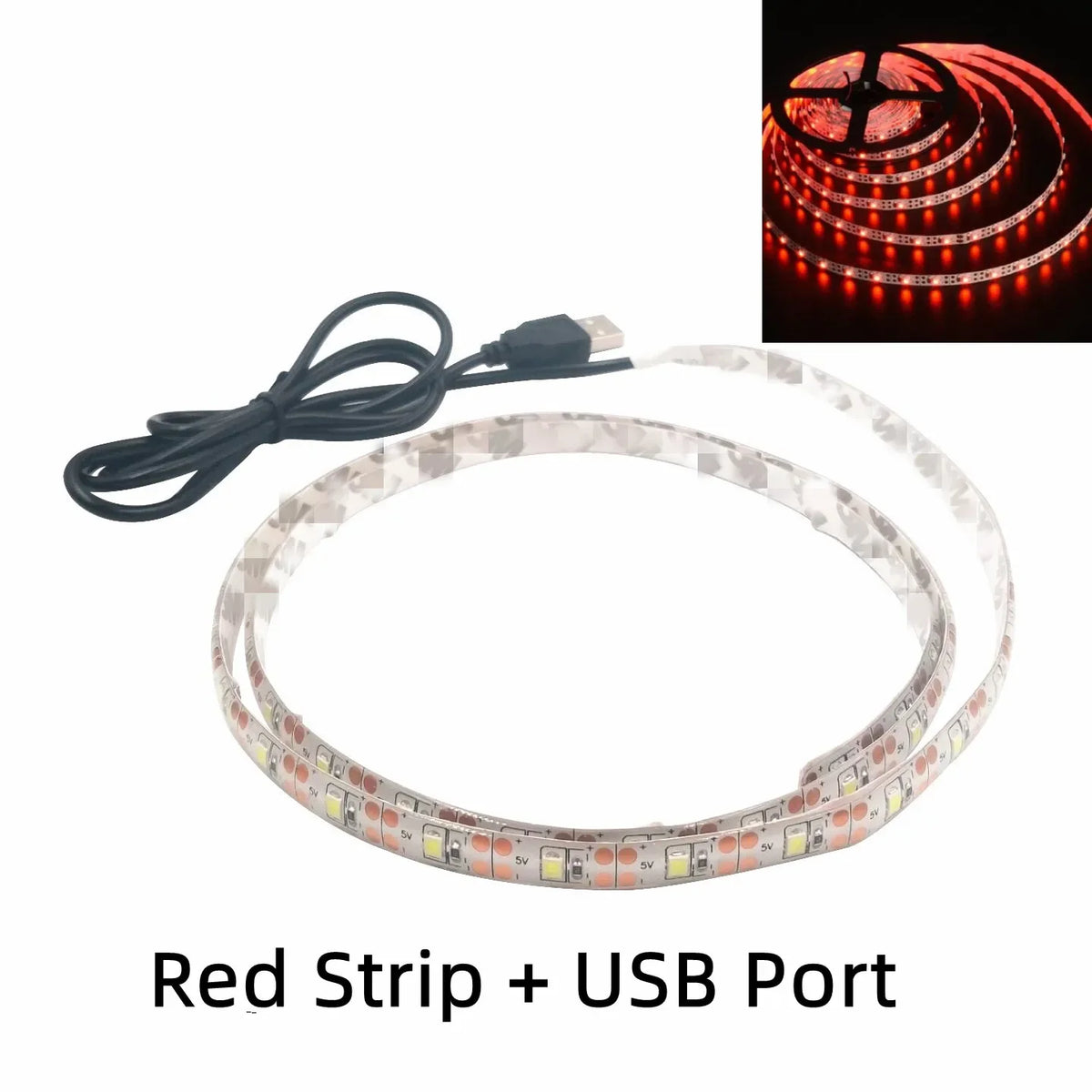 FanzyMarket 5V USB LED strip light in warm and cool white, 1m to 5m waterproof flexible tape for TV backlighting and decor.