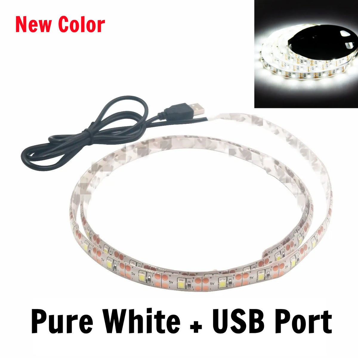 FanzyMarket 5V USB LED strip light in warm and cool white, waterproof, flexible tape for TV backlighting, available in 1m to 5m lengths.