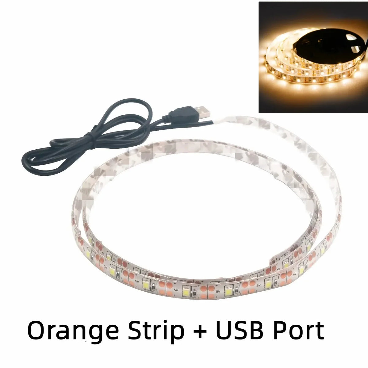 FanzyMarket 5V USB LED strip light in warm and cool white, waterproof, flexible tape for TV backlighting, available in 1m to 5m lengths.