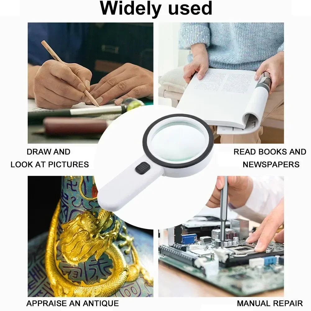 FanzyMarket 30X handheld magnifier with 12 LED lights, portable loupe for reading, jewelry, and watch repair.