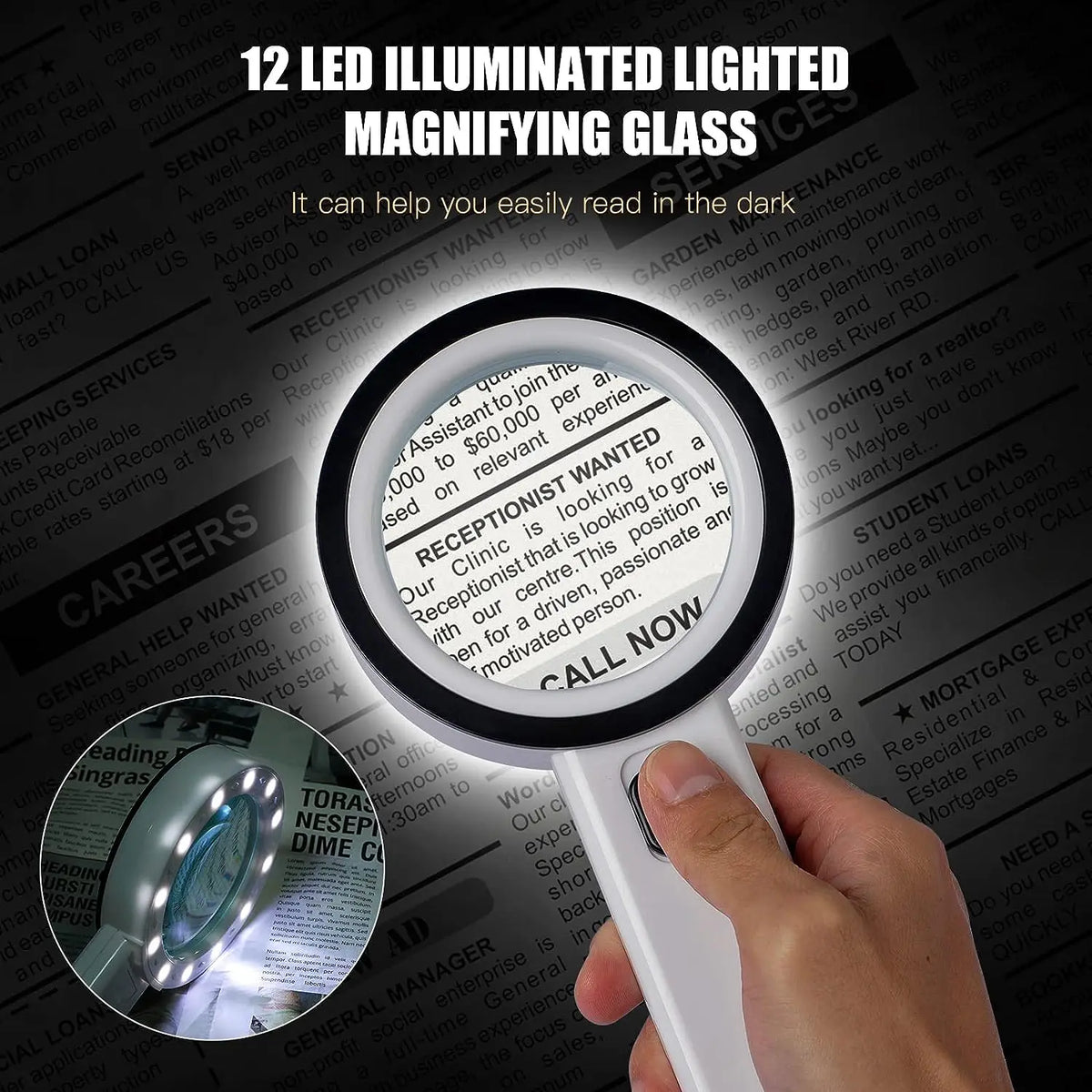 FanzyMarket 30X handheld magnifying glass with 12 LEDs, double glass lens for reading, jewelry, and watch repair.