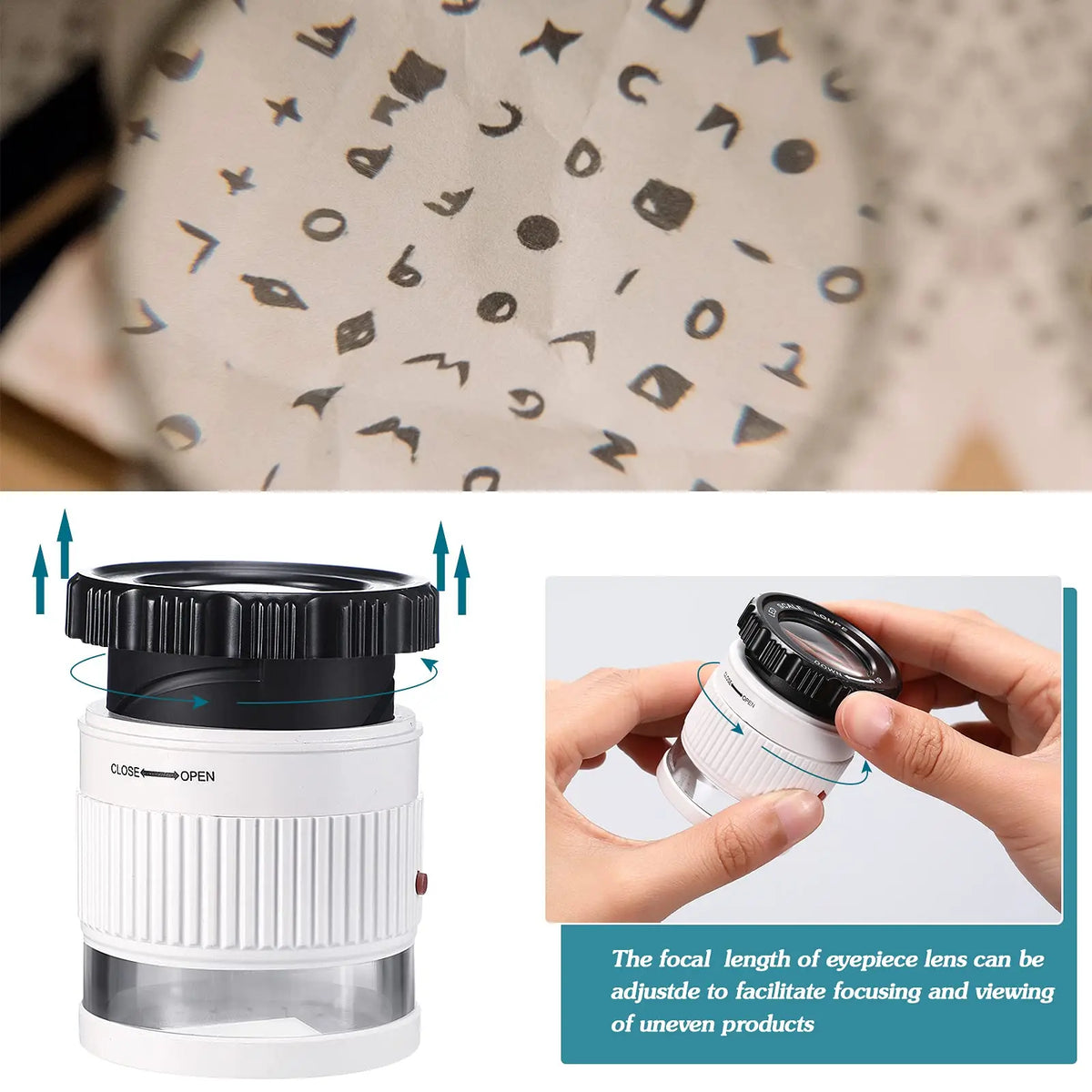 FanzyMarket 30X handheld magnifier with 3 LED and UV lights, adjustable focus, 30mm lens for jewelry, reading, and collectibles.