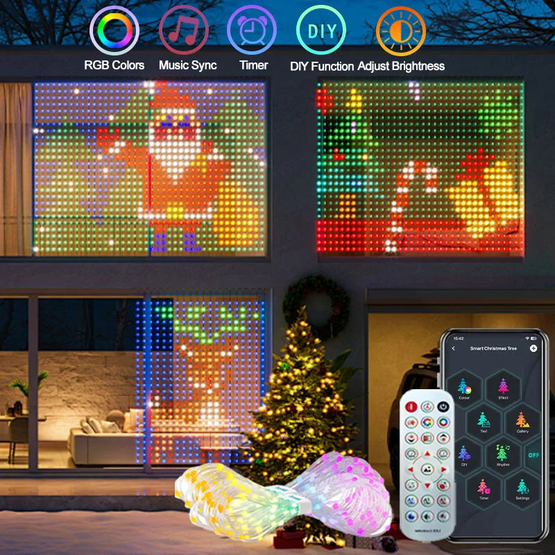 FanzyMarket 400 LED RGBIC smart curtain fairy lights on 2x2m window, with remote control and music mode, ideal for holiday decor.